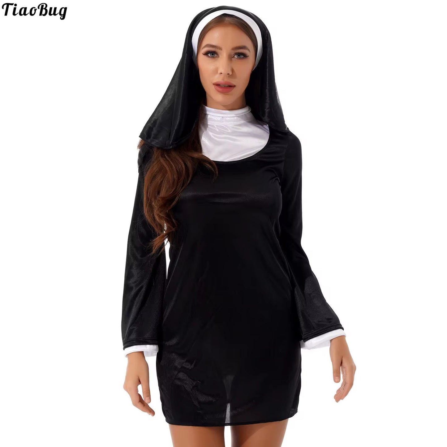 Lady Women Nun Cosplay Costume Role Play Halloween Carnival Stage Outfit High Neck Flare Sleeve Dress with Headscarf