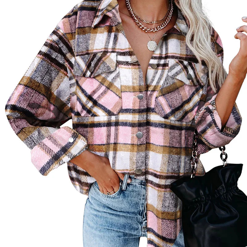 Winter Fleece Jacket Women Plaid Coat Fall Warm Checkered Outerwear Fall Female Long Sleeve Tops Shirt Women Fashion Jacket 2021