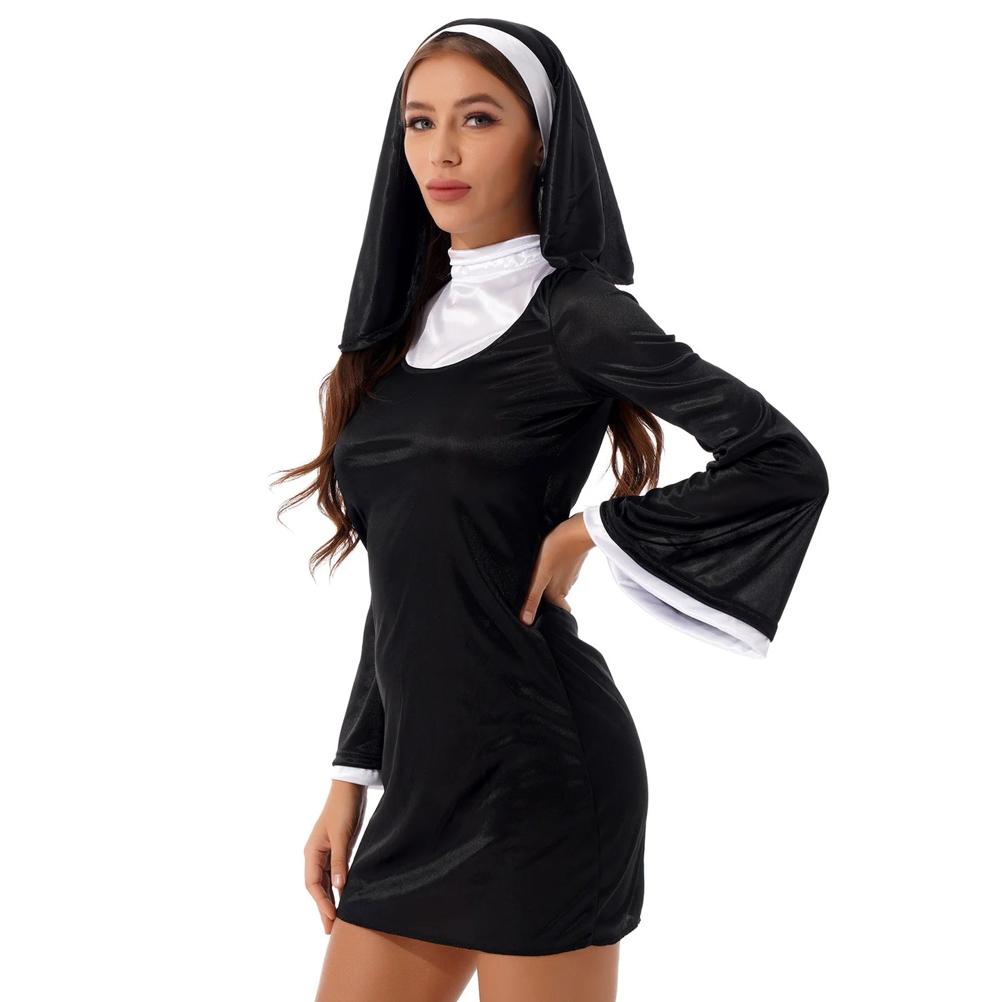 Lady Women Nun Cosplay Costume Role Play Halloween Carnival Stage Outfit High Neck Flare Sleeve Dress with Headscarf